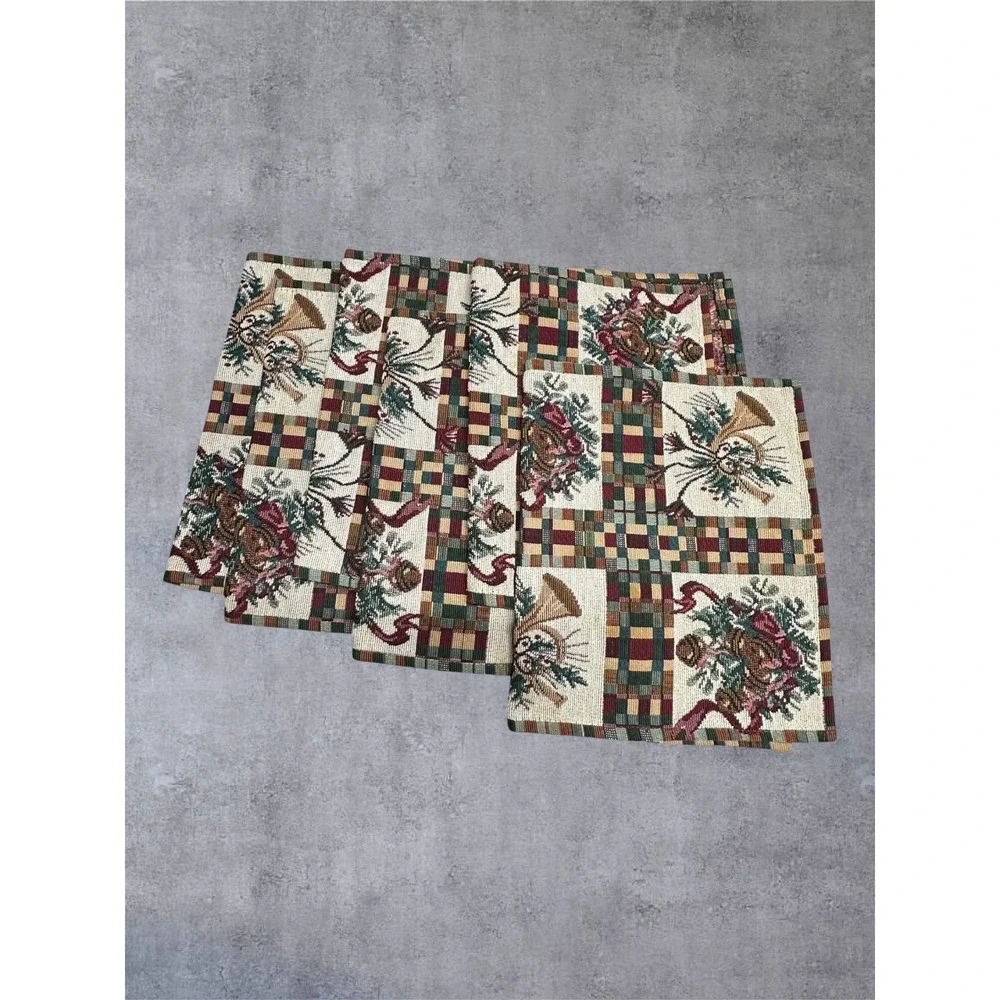 Set of 4 Dillards Holiday Music Placemats Cream Red Green Christmas Plaid